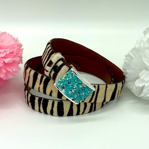 Vintage Fina Firenze Italian Leather Zebra Print Turquoise Buckle Belt